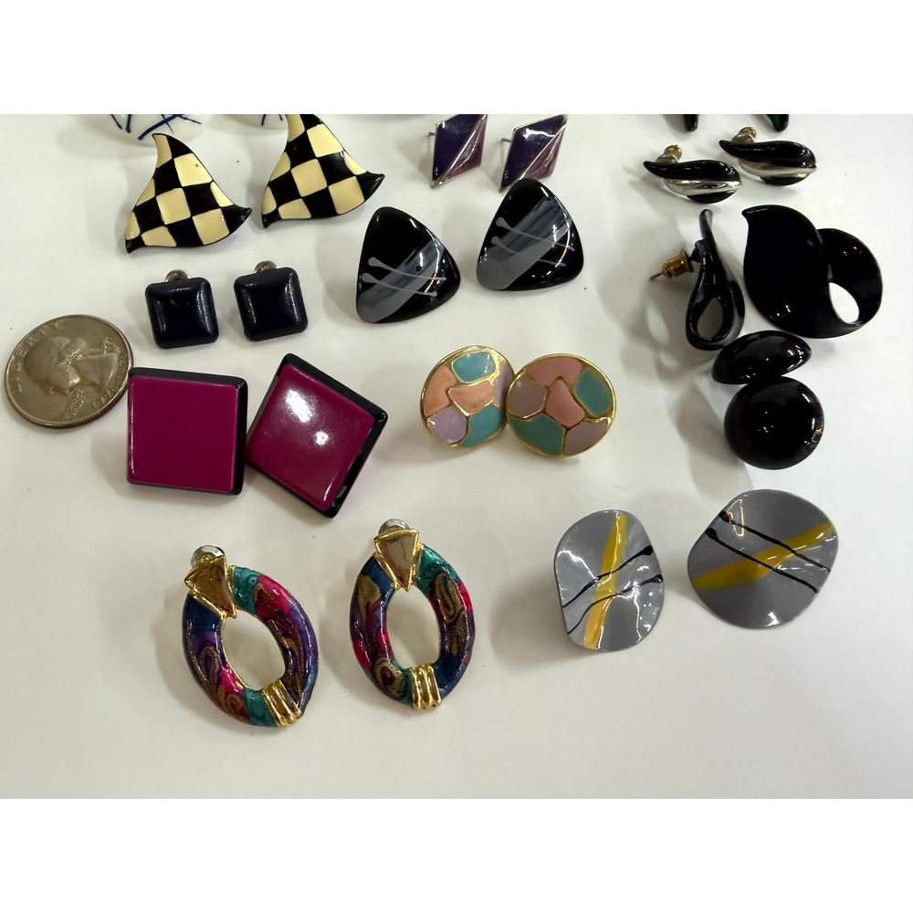Vintage 1990s Geometric Earring Lot 14 Pairs Enamel Resin Retro Abstract Post - Picture 6 of 10